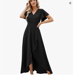 ZZV Split Elegant V Neck Wrap Ruffle Wedding Guest Dresses (Black, XL)